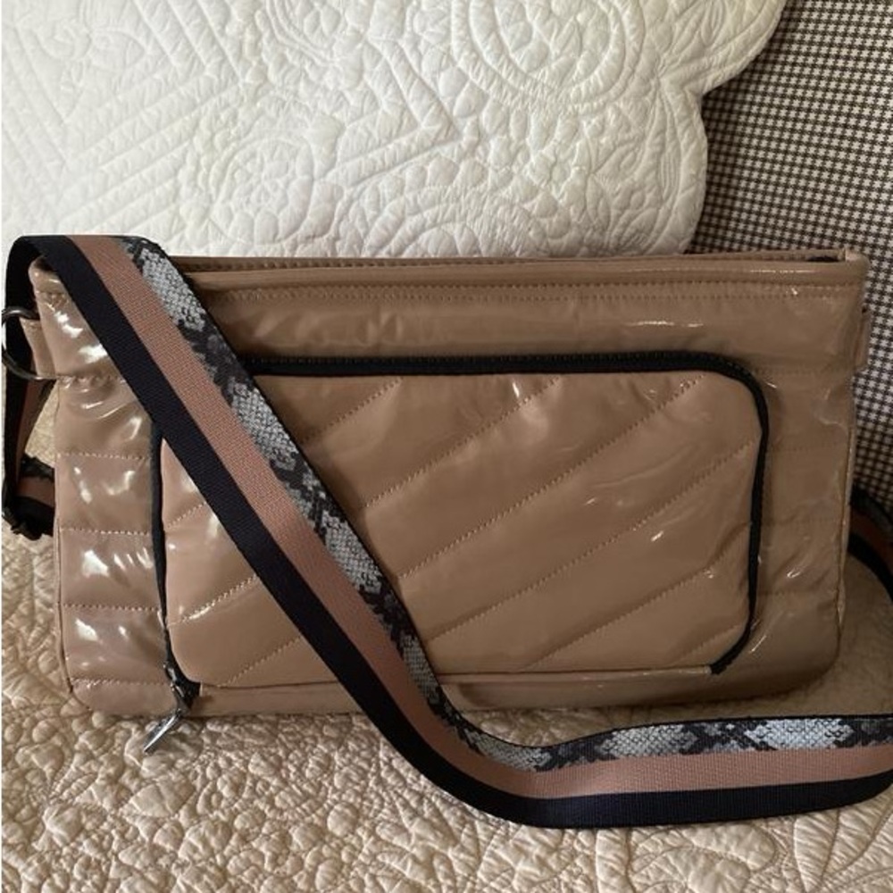 THINK ROYLN Beige Quilted Patent Crossbody Bag with Striped Snake-Print Strap